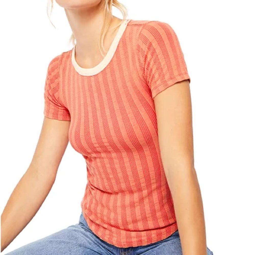 Free People rib knit coral ringer tee